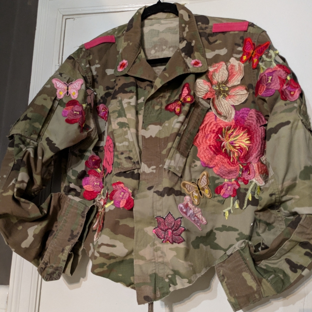 Custom Made And Embellished Floral And Butterfly Camouflage Jacket